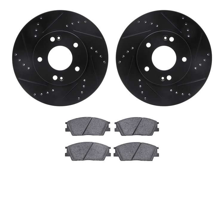 8502-03066 Drilled/Slotted Brake Rotors w/5000 Advanced Brake Pads Kit [Black], Fits Select Kia/Hyundai/Genesis, Position: Front