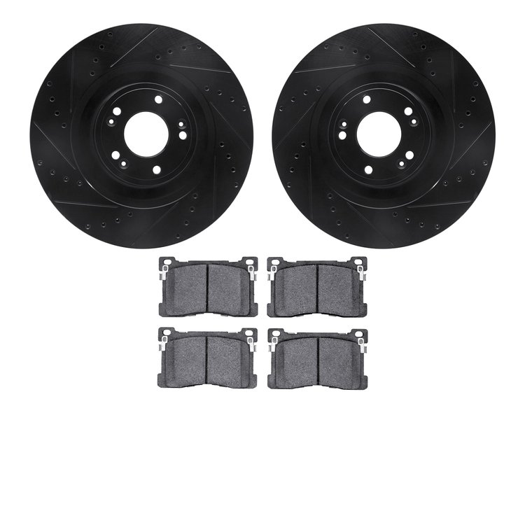 8502-03070 Drilled/Slotted Brake Rotors w/5000 Advanced Brake Pads Kit [Black], 2012-2017 Kia/Hyundai/Genesis, Position: Front