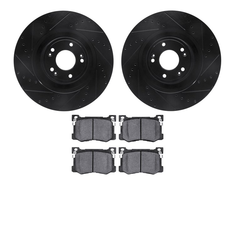 8502-03071 Drilled/Slotted Brake Rotors w/5000 Advanced Brake Pads Kit [Black], 2015-2017 Kia/Hyundai/Genesis, Position: Front