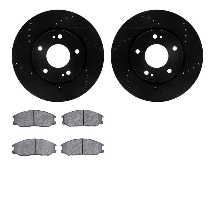 8502-03074 Drilled/Slotted Brake Rotors w/5000 Advanced Brake Pads Kit [Black], 2001-2005 Kia/Hyundai/Genesis, Position: Front