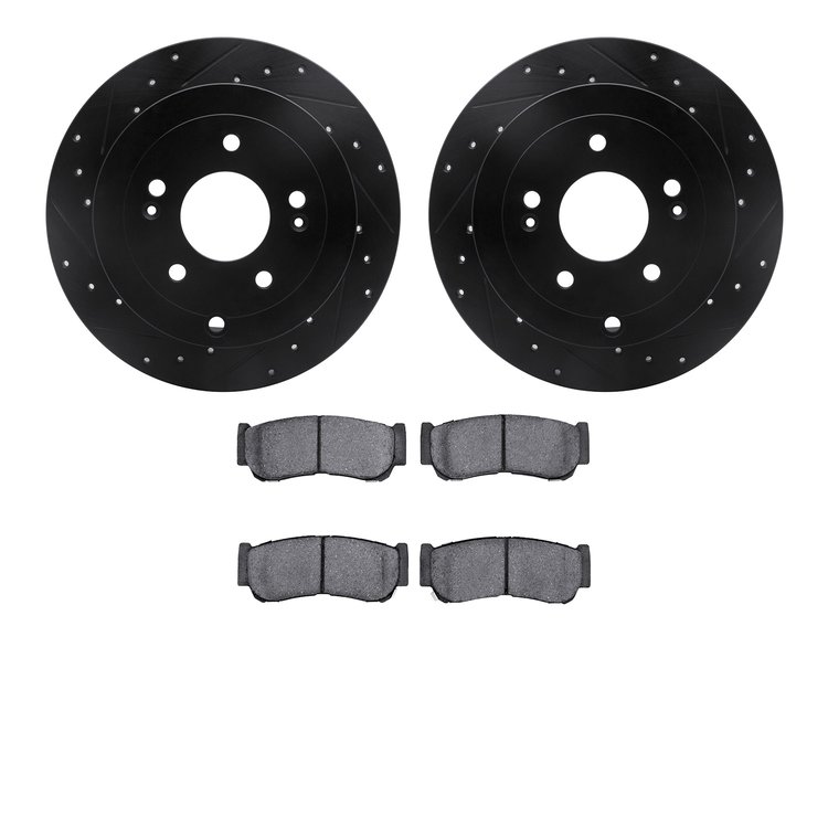8502-03078 Drilled/Slotted Brake Rotors w/5000 Advanced Brake Pads Kit [Black], 2007-2009 Kia/Hyundai/Genesis, Position: Rear