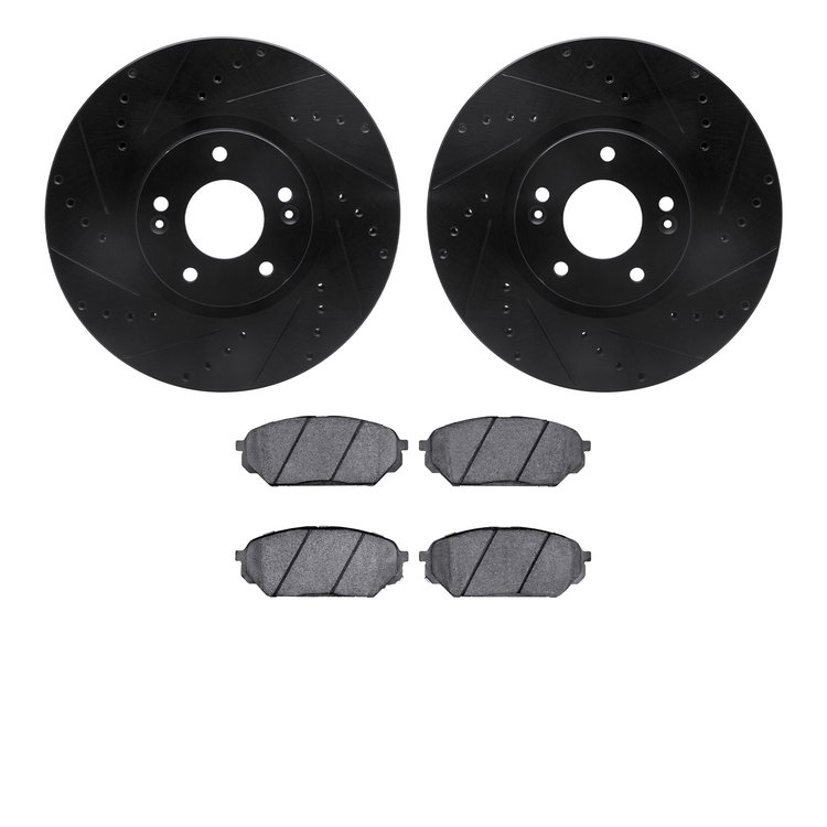 8502-03079 Drilled/Slotted Brake Rotors w/5000 Advanced Brake Pads Kit [Black], 2007-2012 Kia/Hyundai/Genesis, Position: Front