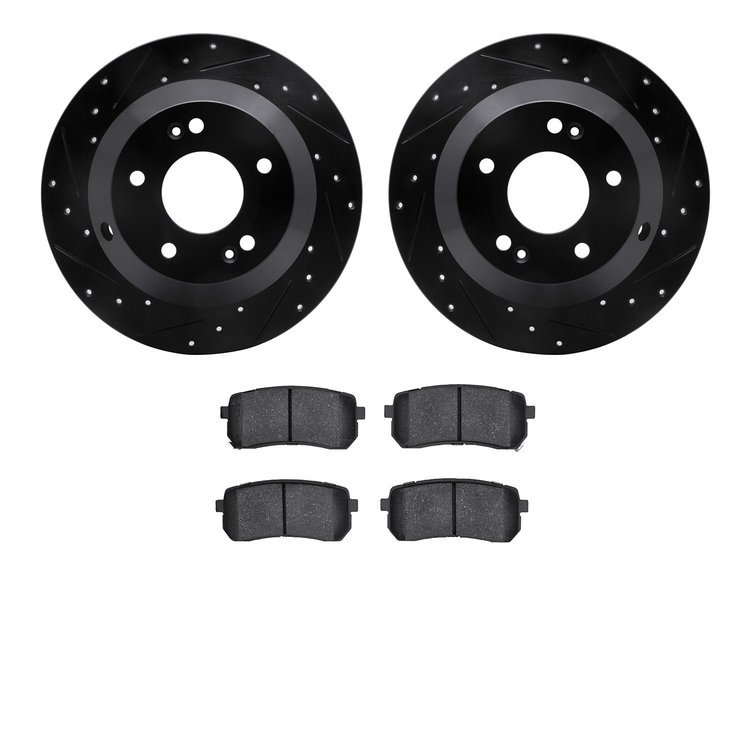 8502-03081 Drilled/Slotted Brake Rotors w/5000 Advanced Brake Pads Kit [Black], 2015-2021 Kia/Hyundai/Genesis, Position: Rear