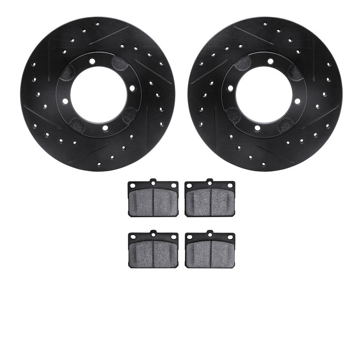 8502-03127 Drilled/Slotted Brake Rotors w/5000 Advanced Brake Pads Kit [Black], 1987-1987 Mitsubishi, Position: Front