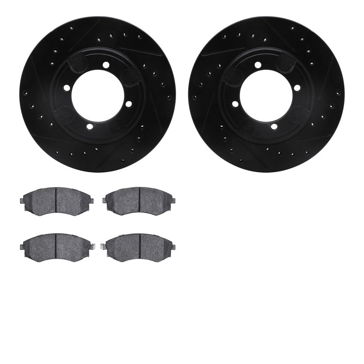 8502-03146 Drilled/Slotted Brake Rotors w/5000 Advanced Brake Pads Kit [Black], 1997-1998 Kia/Hyundai/Genesis, Position: Front