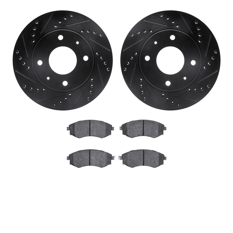 8502-03182 Drilled/Slotted Brake Rotors w/5000 Advanced Brake Pads Kit [Black], 2002-2003 Kia/Hyundai/Genesis, Position: Front