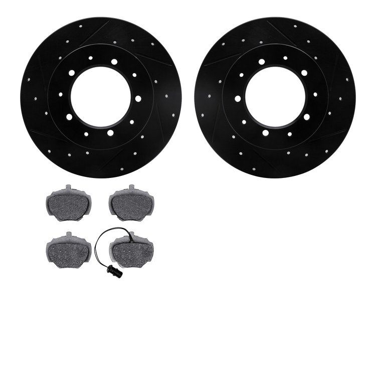 8502-11003 Drilled/Slotted Brake Rotors w/5000 Advanced Brake Pads Kit [Black], 1987-1995 Land Rover, Position: Rear
