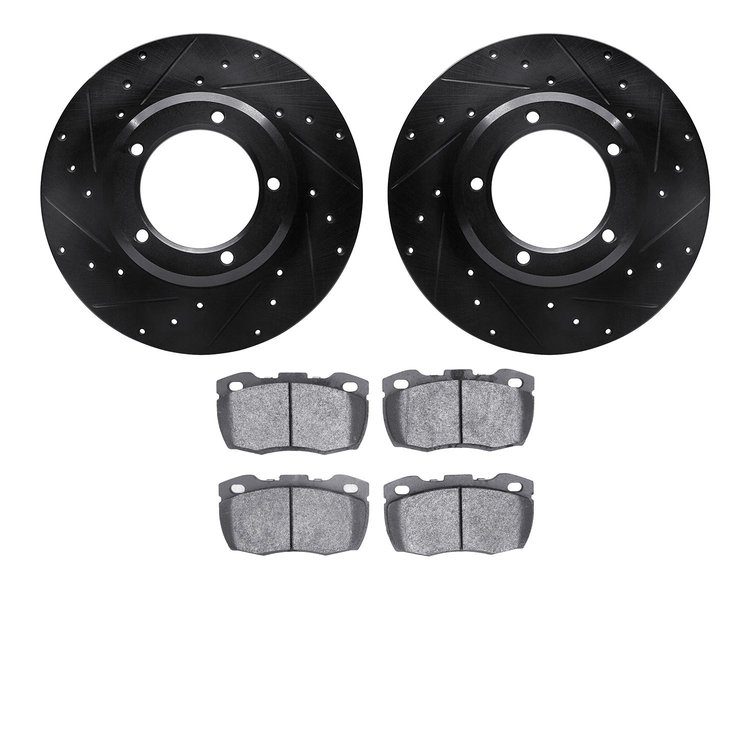 8502-11004 Drilled/Slotted Brake Rotors w/5000 Advanced Brake Pads Kit [Black], 1993-1993 Land Rover, Position: Front