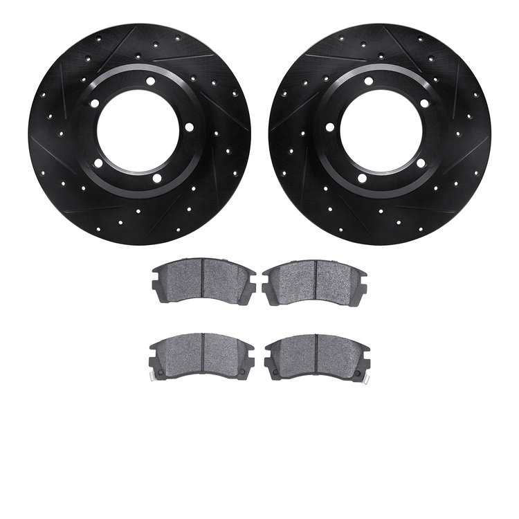 8502-11007 Drilled/Slotted Brake Rotors w/5000 Advanced Brake Pads Kit [Black], 1974-1974 Land Rover, Position: Front
