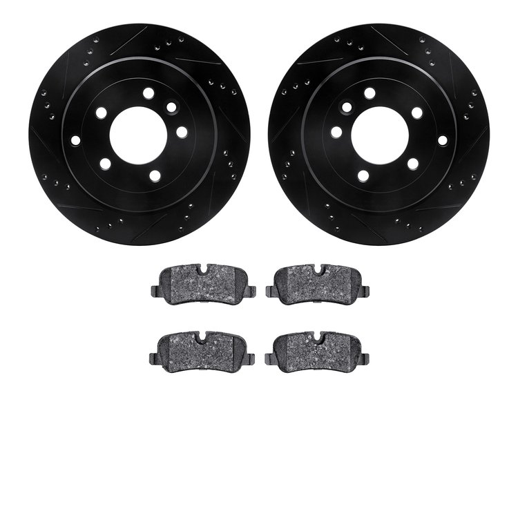8502-11016 Drilled/Slotted Brake Rotors w/5000 Advanced Brake Pads Kit [Black], 2005-2007 Land Rover, Position: Rear