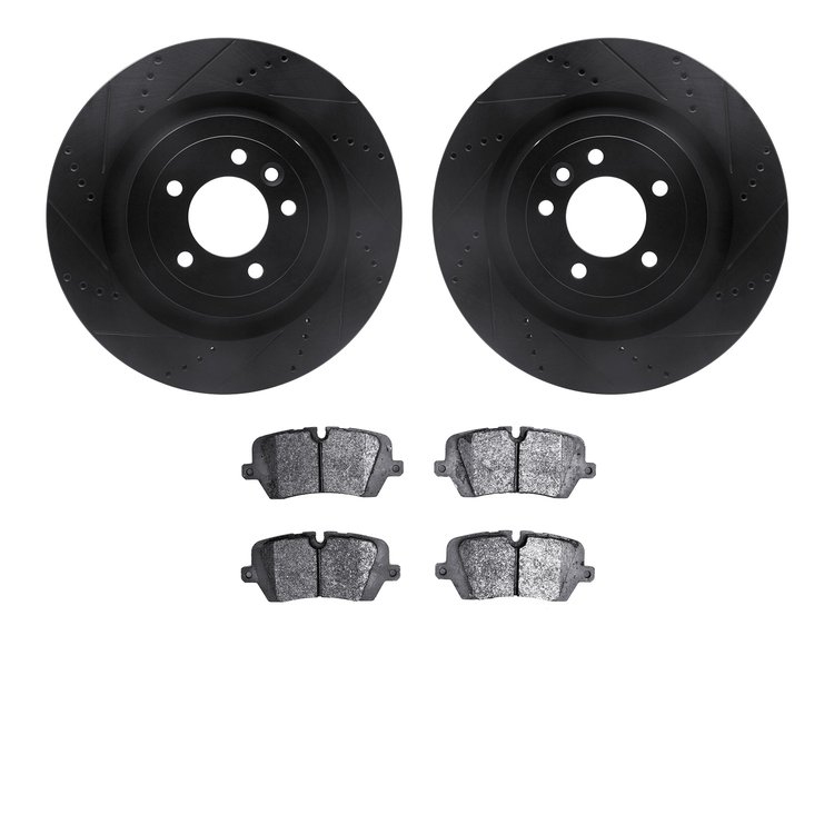 8502-11029 Drilled/Slotted Brake Rotors w/5000 Advanced Brake Pads Kit [Black], Fits Select Land Rover, Position: Rear