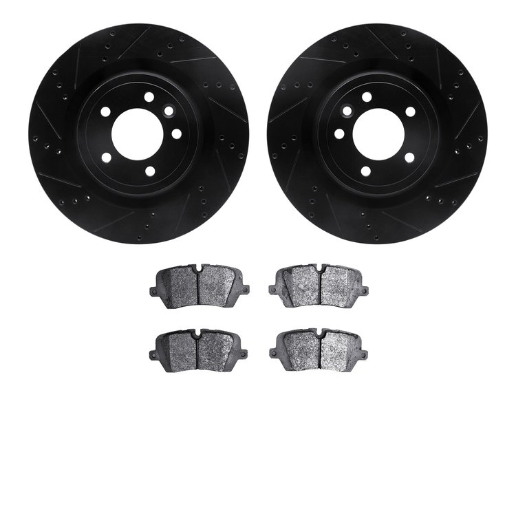 8502-11036 Drilled/Slotted Brake Rotors w/5000 Advanced Brake Pads Kit [Black], Fits Select Land Rover, Position: Rear