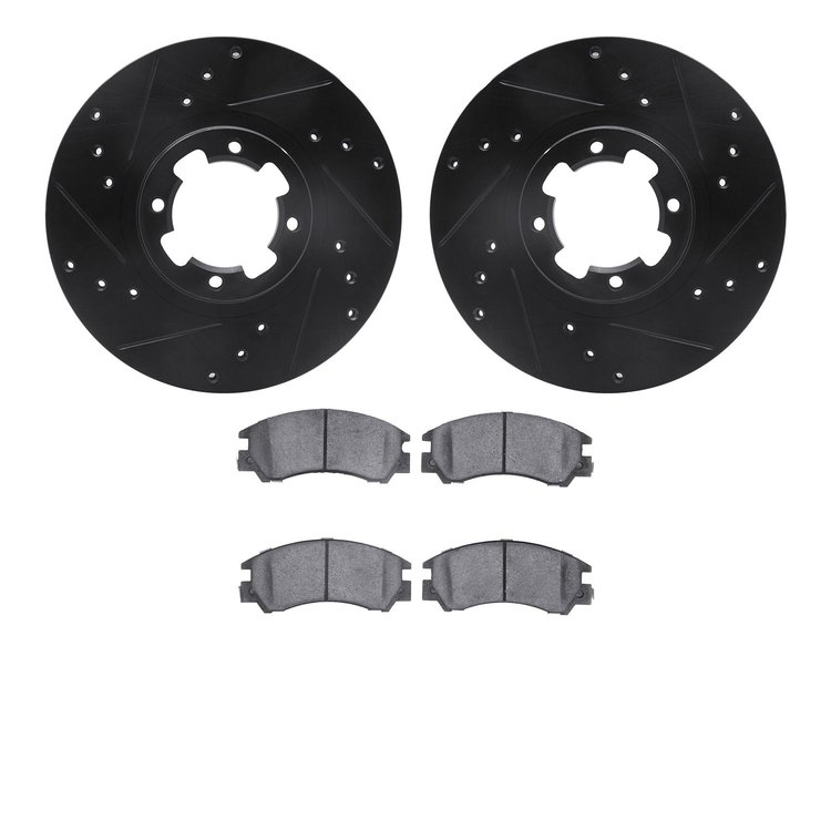 8502-13000 Drilled/Slotted Brake Rotors w/5000 Advanced Brake Pads Kit [Black], 1985-1994 Subaru, Position: Front