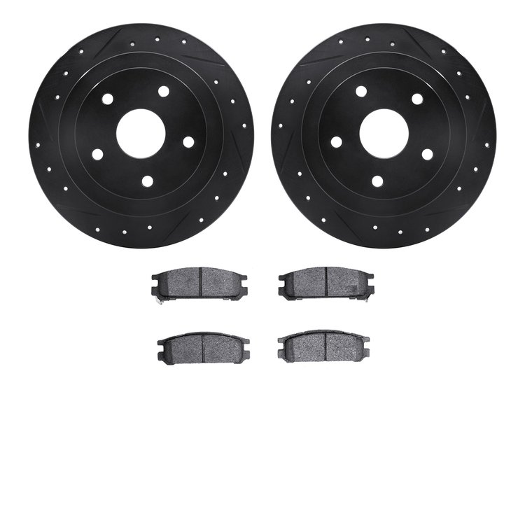 8502-13011 Drilled/Slotted Brake Rotors w/5000 Advanced Brake Pads Kit [Black], 1992-1997 Subaru, Position: Rear