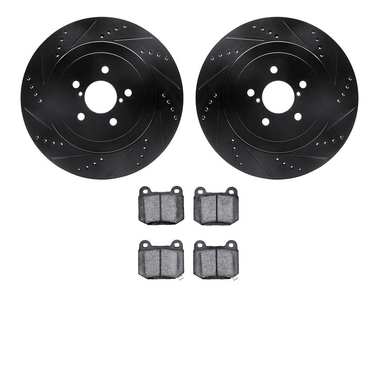 8502-13015 Drilled/Slotted Brake Rotors w/5000 Advanced Brake Pads Kit [Black], 2003-2004 Subaru, Position: Rear