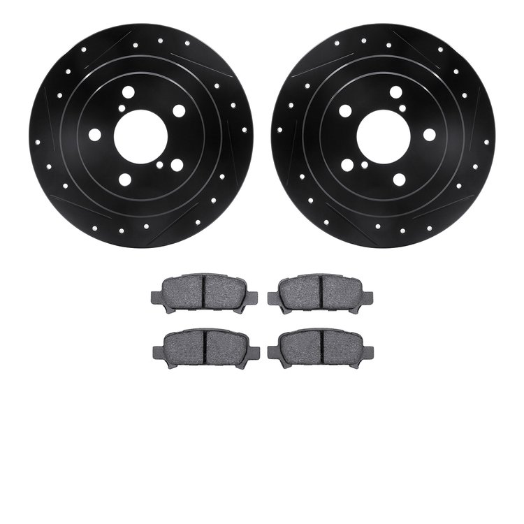 8502-13024 Drilled/Slotted Brake Rotors w/5000 Advanced Brake Pads Kit [Black], 1998-2003 Subaru, Position: Rear