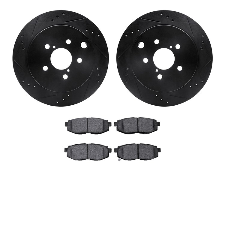 8502-13031 Drilled/Slotted Brake Rotors w/5000 Advanced Brake Pads Kit [Black], 2014-2018 Subaru, Position: Rear