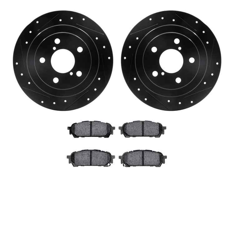 8502-13036 Drilled/Slotted Brake Rotors w/5000 Advanced Brake Pads Kit [Black], 2003-2008 GM, Position: Rear