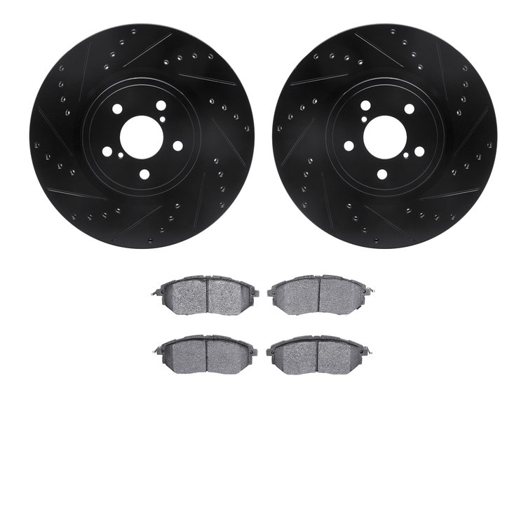 8502-13037 Drilled/Slotted Brake Rotors w/5000 Advanced Brake Pads Kit [Black], 2005-2018 Subaru, Position: Front