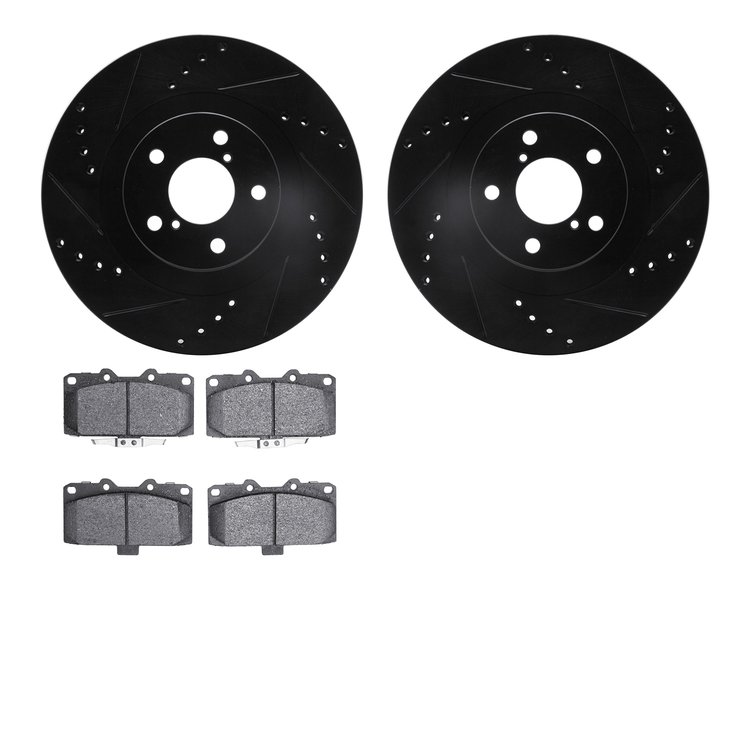 8502-13038 Drilled/Slotted Brake Rotors w/5000 Advanced Brake Pads Kit [Black], 2006-2007 Subaru, Position: Front