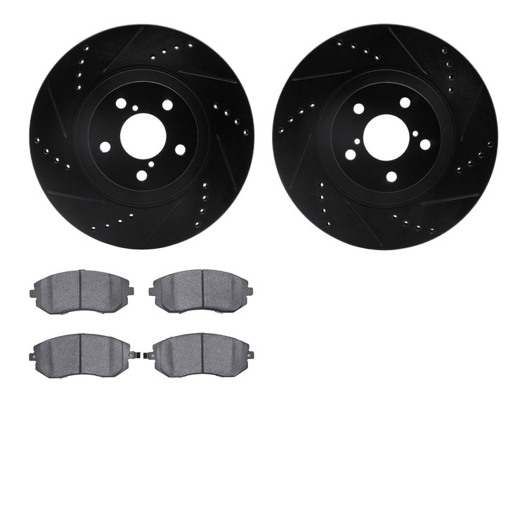 8502-13039 Drilled/Slotted Brake Rotors w/5000 Advanced Brake Pads Kit [Black], 2004-2012 Subaru, Position: Front