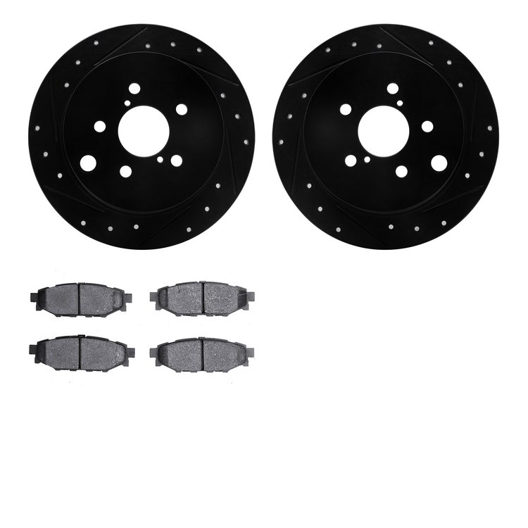 8502-13043 Drilled/Slotted Brake Rotors w/5000 Advanced Brake Pads Kit [Black], Fits Select Subaru, Position: Rear