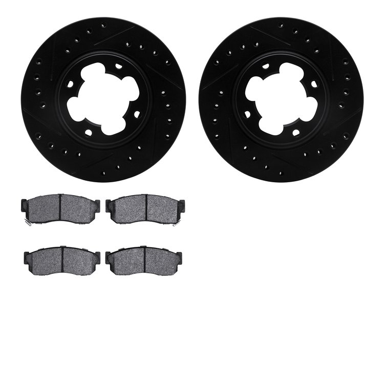 8502-13048 Drilled/Slotted Brake Rotors w/5000 Advanced Brake Pads Kit [Black], 1987-1988 Subaru, Position: Front