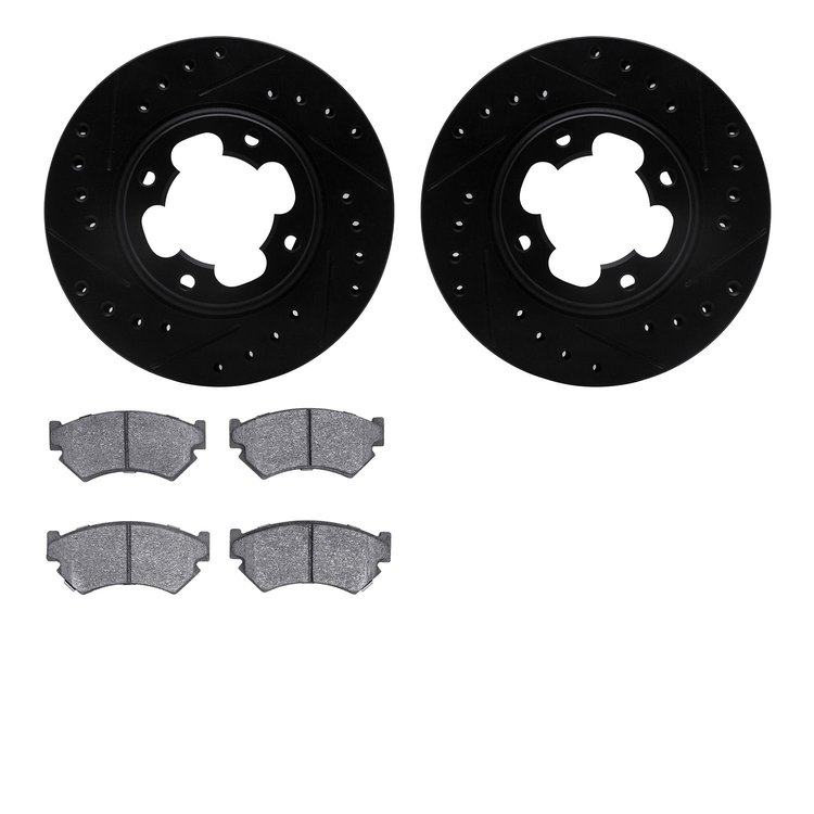 8502-13050 Drilled/Slotted Brake Rotors w/5000 Advanced Brake Pads Kit [Black], 1989-1994 Subaru, Position: Front