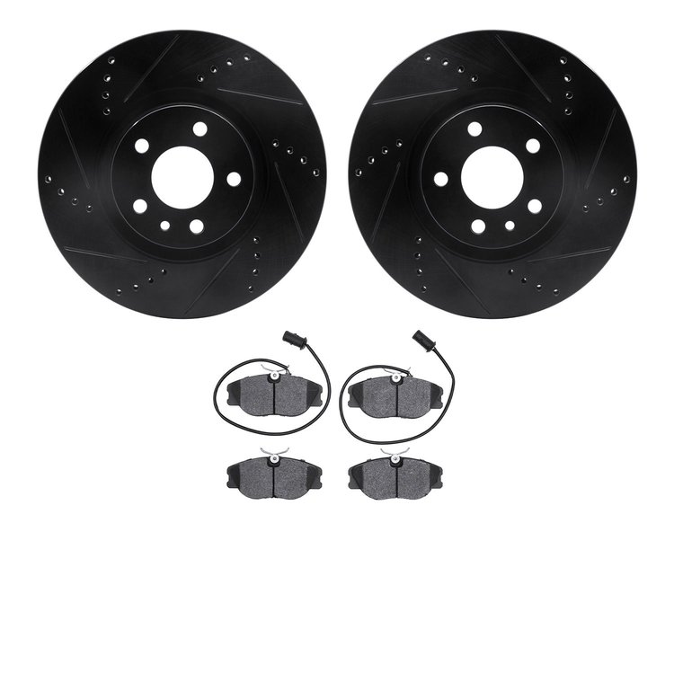 8502-16033 Drilled/Slotted Brake Rotors w/5000 Advanced Brake Pads Kit [Black], 1991-1993 Alfa Romeo, Position: Front