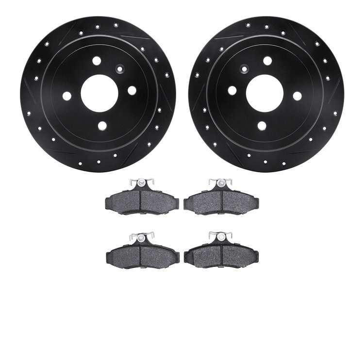 8502-18016 Drilled/Slotted Brake Rotors w/5000 Advanced Brake Pads Kit [Black], 1999-2002 GM, Position: Rear