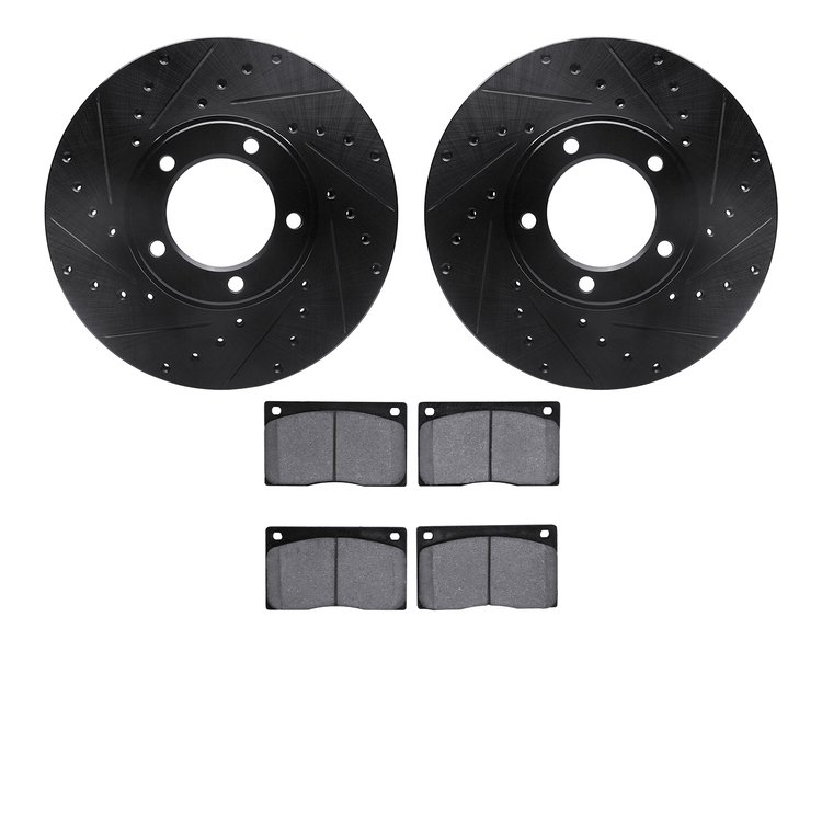 8502-20003 Drilled/Slotted Brake Rotors w/5000 Advanced Brake Pads Kit [Black], 1973-1997 Jaguar, Position: Front