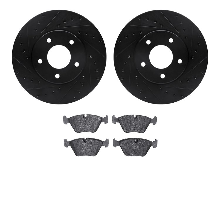 8502-20011 Drilled/Slotted Brake Rotors w/5000 Advanced Brake Pads Kit [Black], 1998-2003 Jaguar, Position: Front