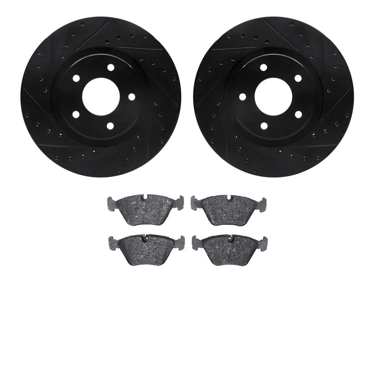 8502-20012 Drilled/Slotted Brake Rotors w/5000 Advanced Brake Pads Kit [Black], 2005-2006 Jaguar, Position: Front
