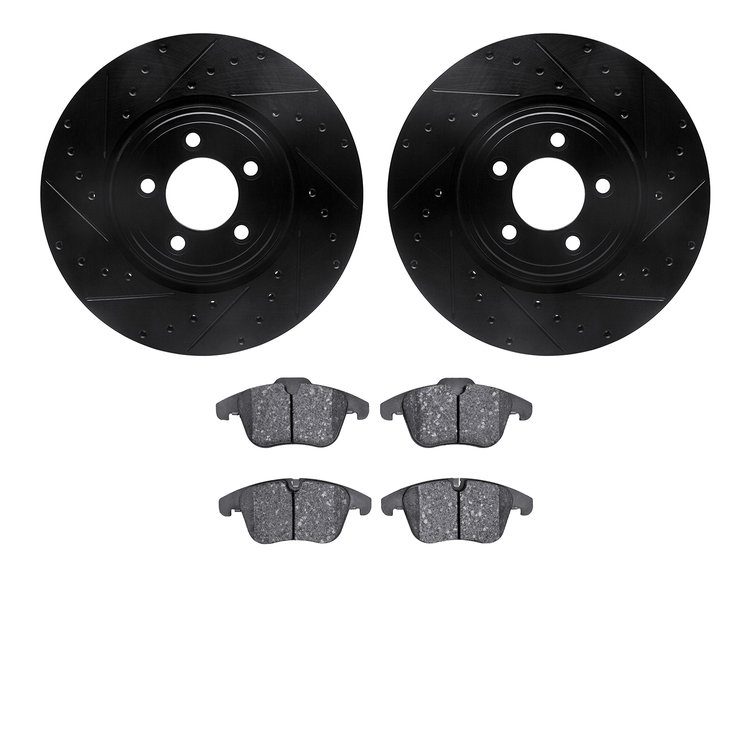 8502-20021 Drilled/Slotted Brake Rotors w/5000 Advanced Brake Pads Kit [Black], 2006-2010 Jaguar, Position: Front