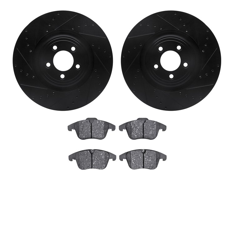 8502-20023 Drilled/Slotted Brake Rotors w/5000 Advanced Brake Pads Kit [Black], 2013-2015 Jaguar, Position: Front