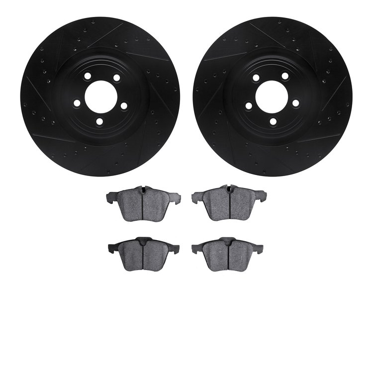 8502-20024 Drilled/Slotted Brake Rotors w/5000 Advanced Brake Pads Kit [Black], 2013-2019 Jaguar, Position: Front