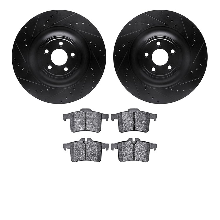 8502-20027 Drilled/Slotted Brake Rotors w/5000 Advanced Brake Pads Kit [Black], 2013-2015 Jaguar, Position: Rear