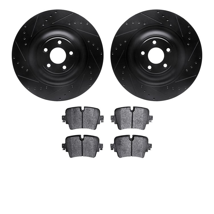 8502-20028 Drilled/Slotted Brake Rotors w/5000 Advanced Brake Pads Kit [Black], 2014-2021 Jaguar, Position: Rear