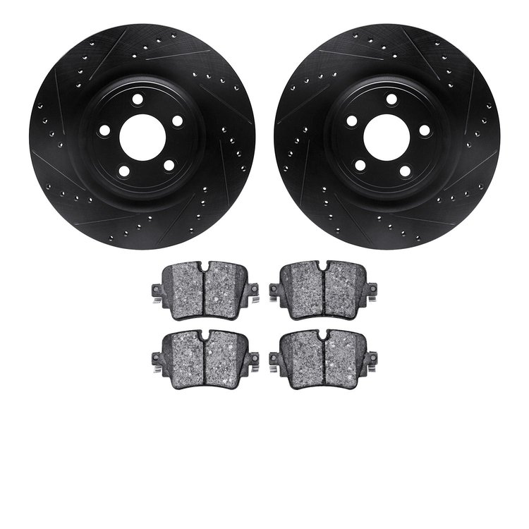 8502-20029 Drilled/Slotted Brake Rotors w/5000 Advanced Brake Pads Kit [Black], 2016-2019 Jaguar, Position: Rear