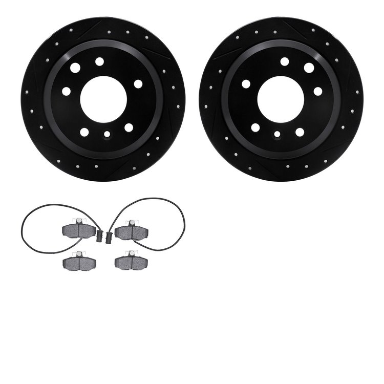 8502-20040 Drilled/Slotted Brake Rotors w/5000 Advanced Brake Pads Kit [Black], 1986-1987 Jaguar, Position: Rear