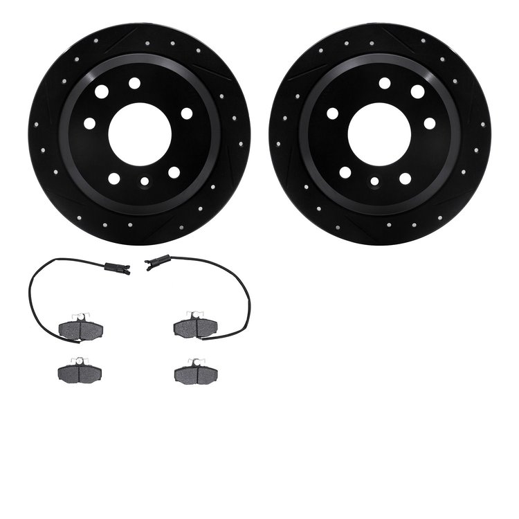 8502-20041 Drilled/Slotted Brake Rotors w/5000 Advanced Brake Pads Kit [Black], 1987-1989 Jaguar, Position: Rear