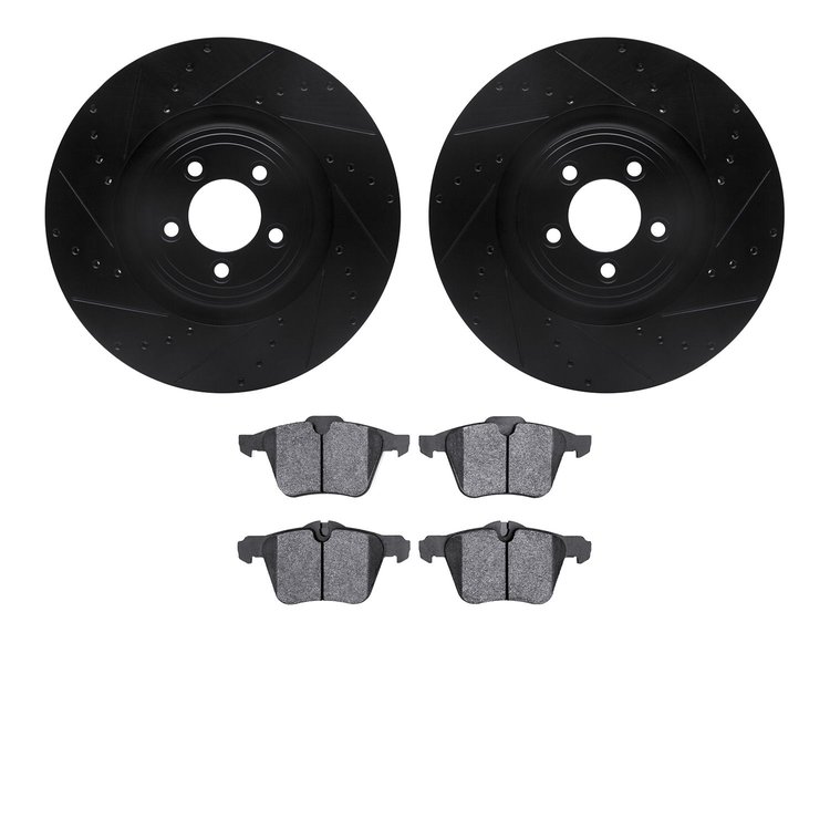 8502-20096 Drilled/Slotted Brake Rotors w/5000 Advanced Brake Pads Kit [Black], 2006-2019 Jaguar, Position: Front