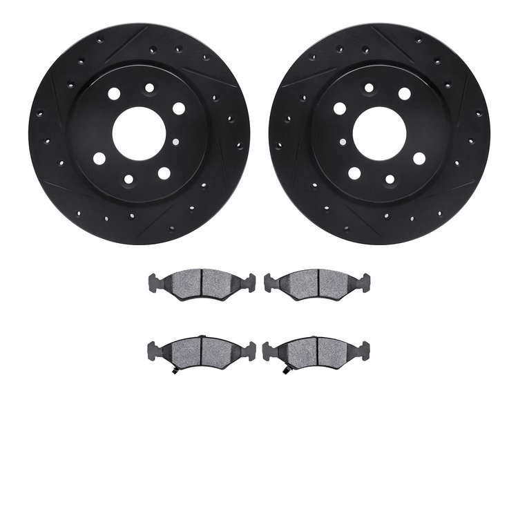 8502-21000 Drilled/Slotted Brake Rotors w/5000 Advanced Brake Pads Kit [Black], 1994-2000 Kia/Hyundai/Genesis, Position: Front