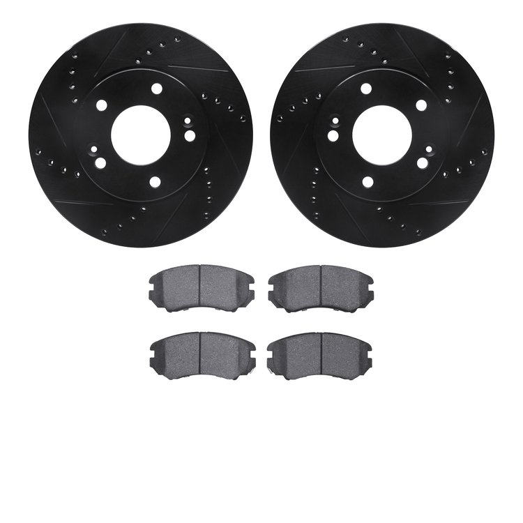 8502-21011 Drilled/Slotted Brake Rotors w/5000 Advanced Brake Pads Kit [Black], 2010-2011 Kia/Hyundai/Genesis, Position: Front