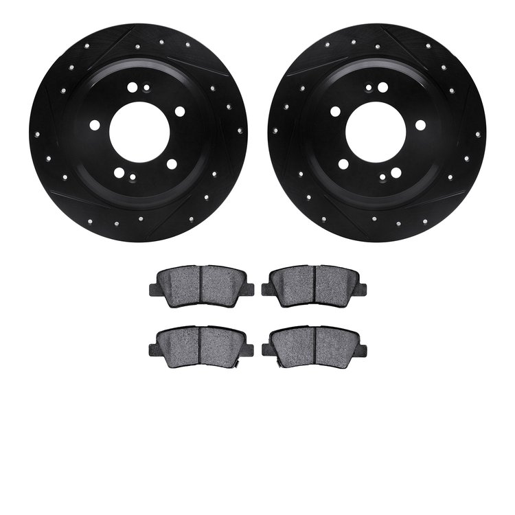 8502-21014 Drilled/Slotted Brake Rotors w/5000 Advanced Brake Pads Kit [Black], Fits Select Kia/Hyundai/Genesis, Position: Rear
