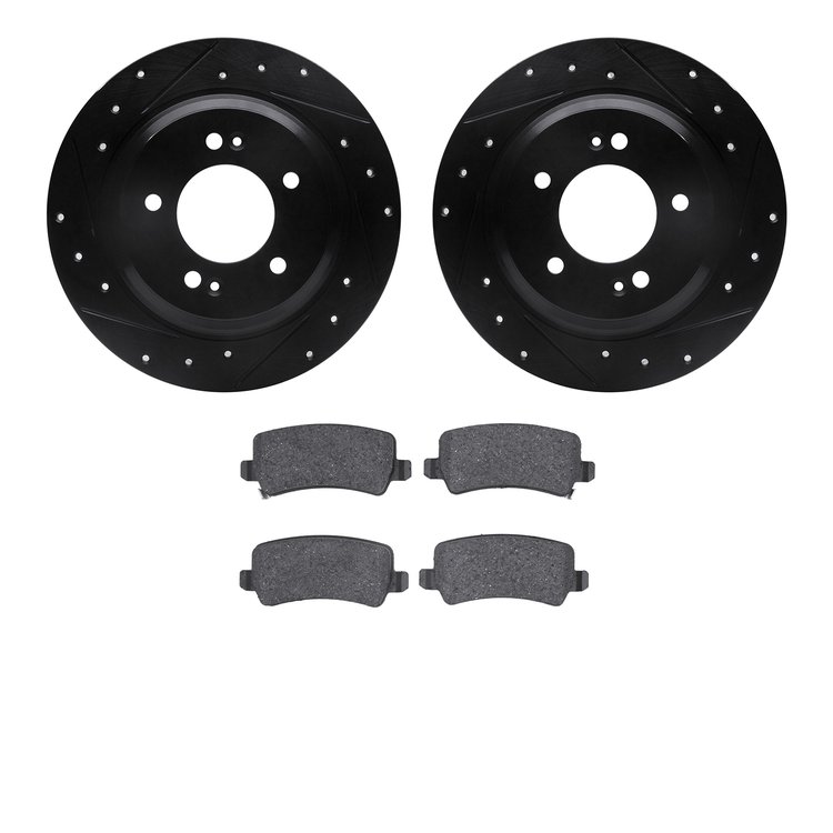 8502-21015 Drilled/Slotted Brake Rotors w/5000 Advanced Brake Pads Kit [Black], 2016-2017 Kia/Hyundai/Genesis, Position: Rear