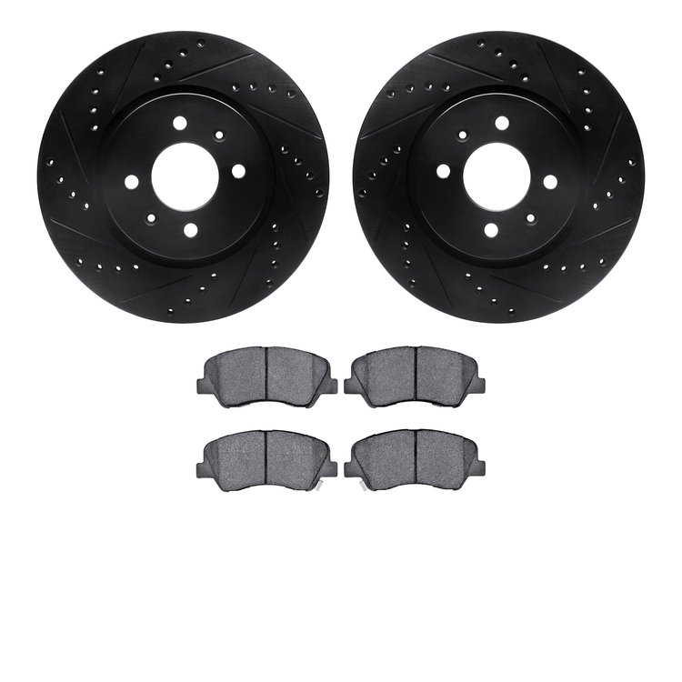 8502-21016 Drilled/Slotted Brake Rotors w/5000 Advanced Brake Pads Kit [Black], 2012-2017 Kia/Hyundai/Genesis, Position: Front