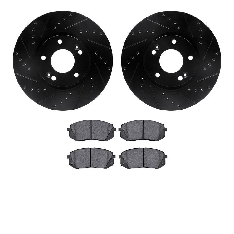 8502-21019 Drilled/Slotted Brake Rotors w/5000 Advanced Brake Pads Kit [Black], 2018-2019 Kia/Hyundai/Genesis, Position: Front