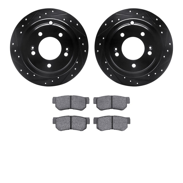 8502-21020 Drilled/Slotted Brake Rotors w/5000 Advanced Brake Pads Kit [Black], 2004-2006 Kia/Hyundai/Genesis, Position: Rear