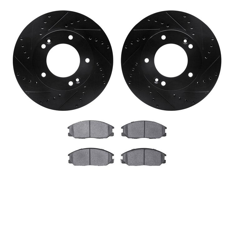 8502-21022 Drilled/Slotted Brake Rotors w/5000 Advanced Brake Pads Kit [Black], 2003-2006 Kia/Hyundai/Genesis, Position: Front